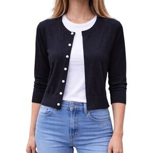 Karl Lagerfeld Paris Black Cardigan Pearl Buttons Floral Lining Size M Knit Top
